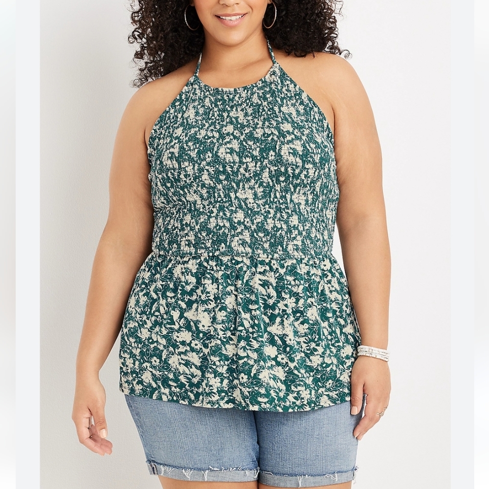 Plus Size 2x 3x  Floral Smocked Halter Neck Peplum Tank Top Maurices